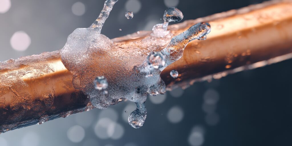 Frost on an exposed pipe, an early sign of freezing