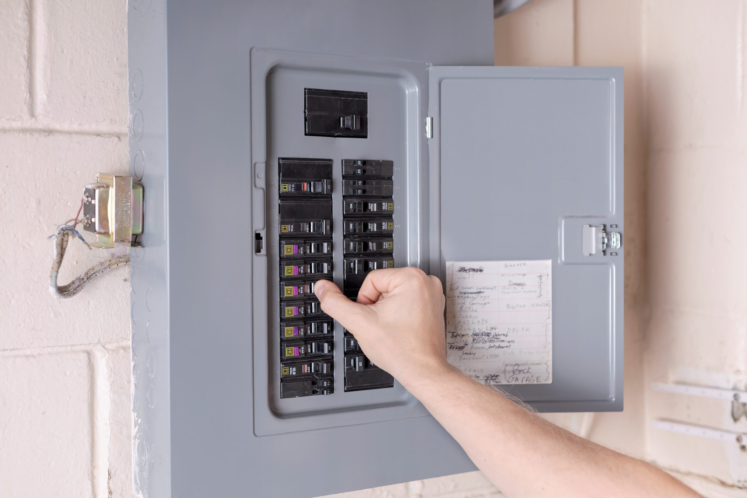 Turning on power at the electrical service panel. Resetting tripped circuit breaker Homeowner inspecting an electrical panel for signs of wear and necessary upgrades.